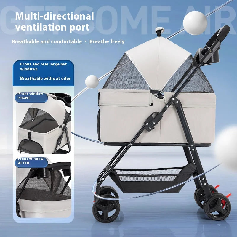 Detachable Pet Stroller Frame Basket with Feeding Tray One Click Fold System Lightweight Portable for Cats Dogs Pet Carrier