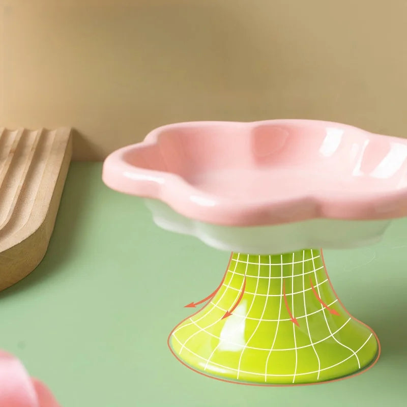 Ceramic Raised Cat Bowl with Flower Design, Elevated Cat Food Bowl Water Plate Snack Dish with Stand for Neck Protection