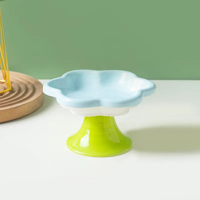 Ceramic Raised Cat Bowl with Flower Design, Elevated Cat Food Bowl Water Plate Snack Dish with Stand for Neck Protection