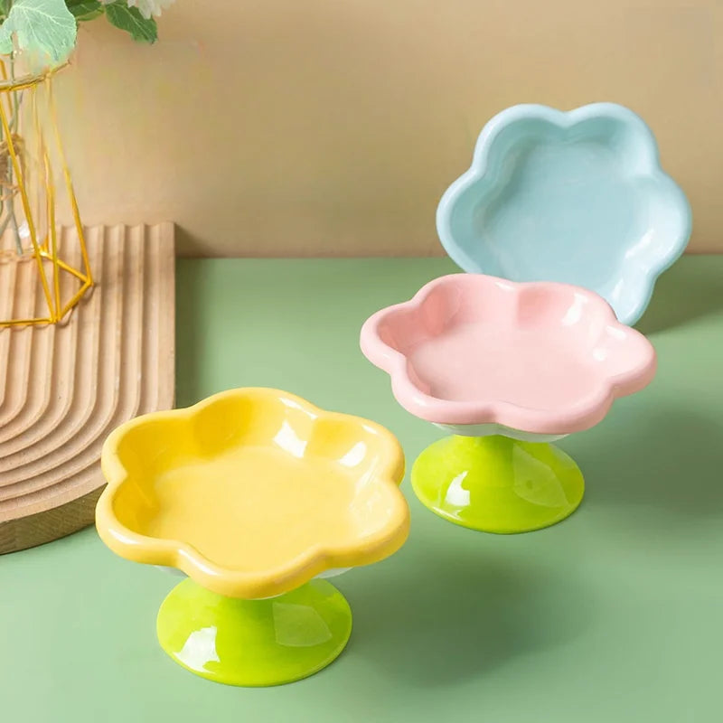 Ceramic Raised Cat Bowl with Flower Design, Elevated Cat Food Bowl Water Plate Snack Dish with Stand for Neck Protection