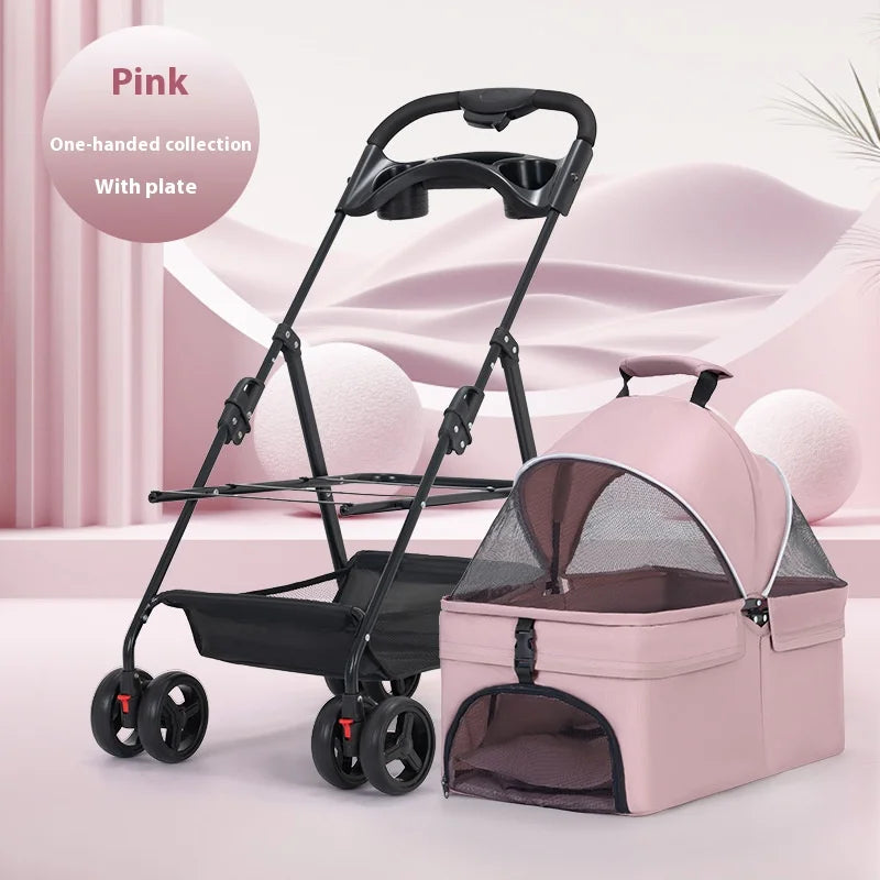 Detachable Pet Stroller Frame Basket with Feeding Tray One Click Fold System Lightweight Portable for Cats Dogs Pet Carrier