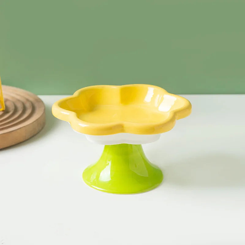 Ceramic Raised Cat Bowl with Flower Design, Elevated Cat Food Bowl Water Plate Snack Dish with Stand for Neck Protection