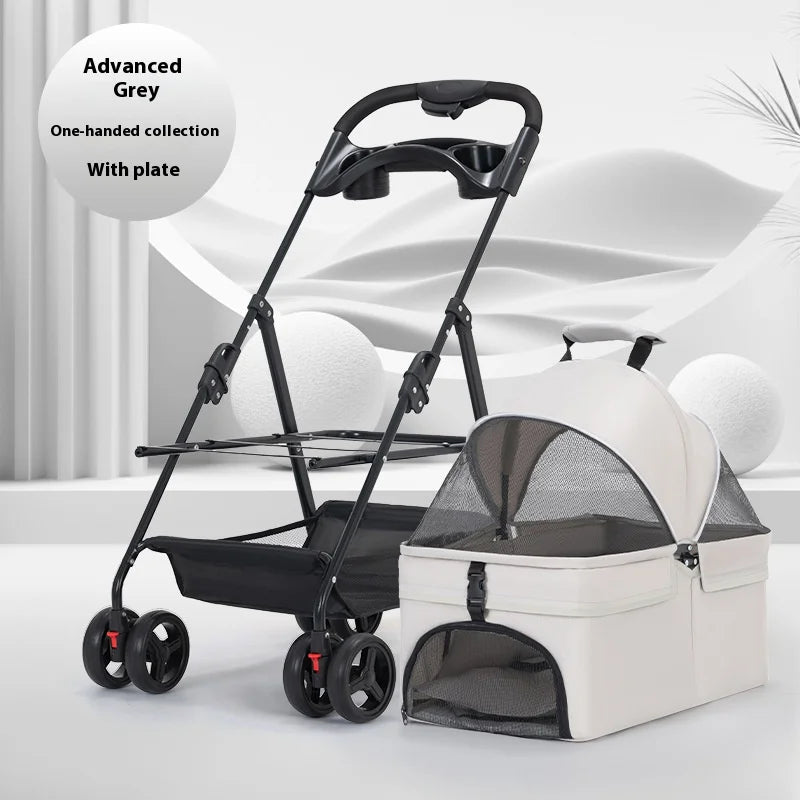 Detachable Pet Stroller Frame Basket with Feeding Tray One Click Fold System Lightweight Portable for Cats Dogs Pet Carrier