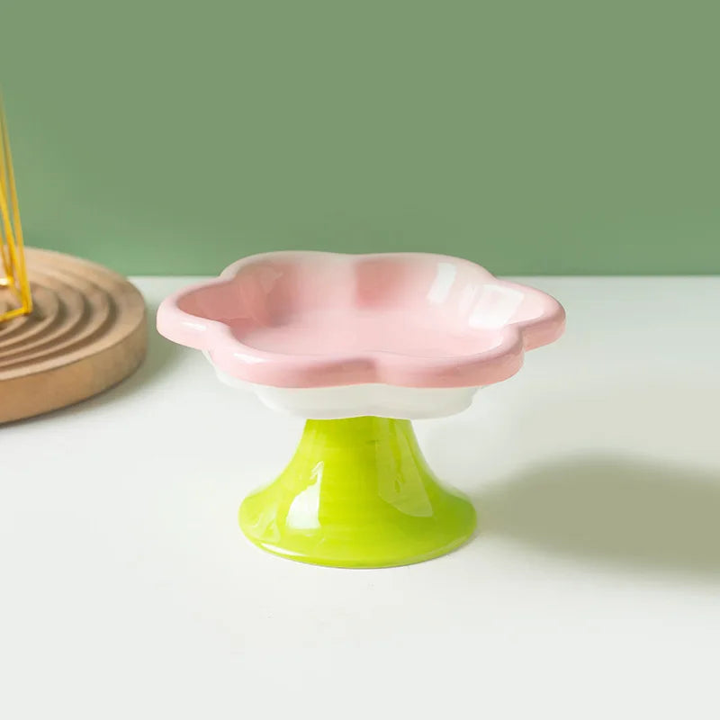 Ceramic Raised Cat Bowl with Flower Design, Elevated Cat Food Bowl Water Plate Snack Dish with Stand for Neck Protection
