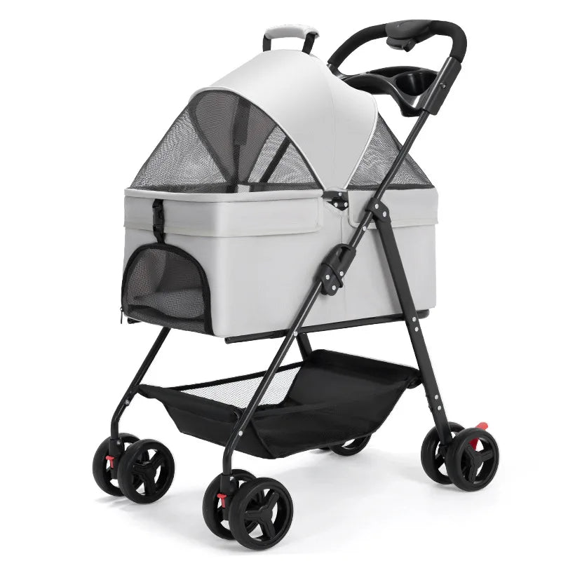 Detachable Pet Stroller Frame Basket with Feeding Tray One Click Fold System Lightweight Portable for Cats Dogs Pet Carrier
