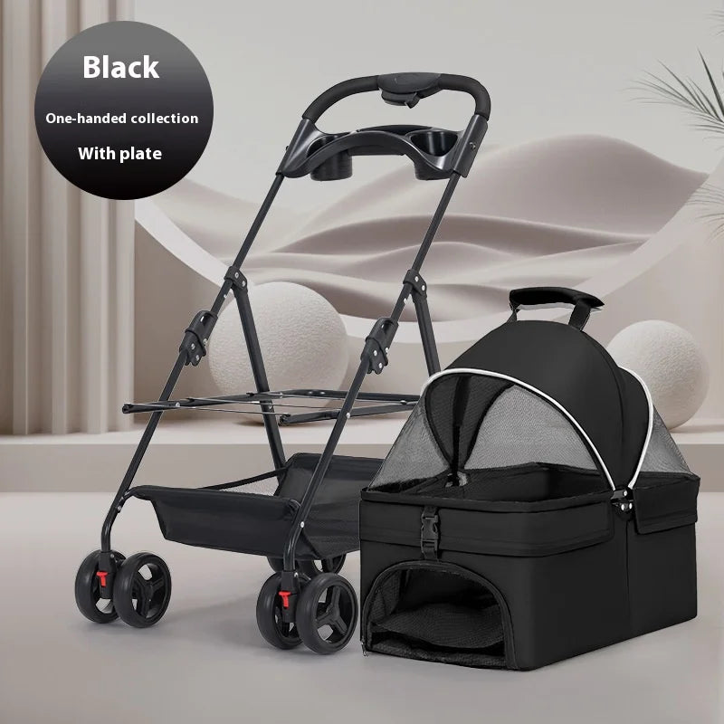 Detachable Pet Stroller Frame Basket with Feeding Tray One Click Fold System Lightweight Portable for Cats Dogs Pet Carrier