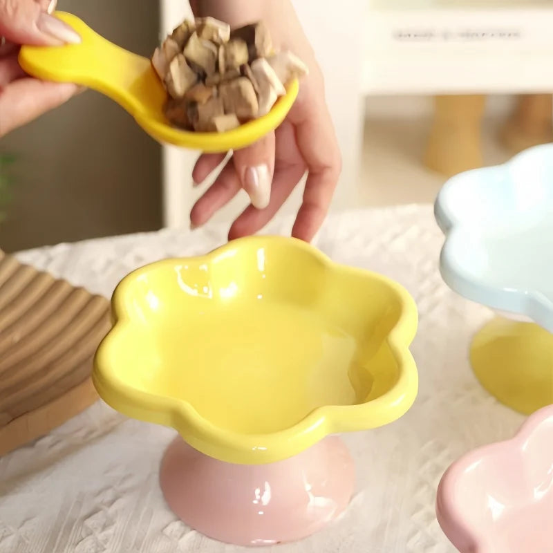 Ceramic Raised Cat Bowl with Flower Design, Elevated Cat Food Bowl Water Plate Snack Dish with Stand for Neck Protection