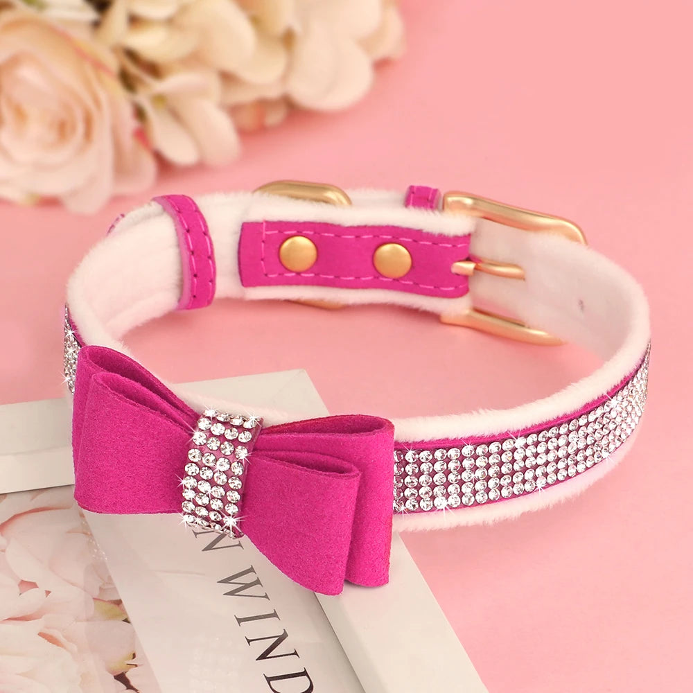 Cute Bowknot Dog Collar Bling Rhinestone Small Dogs Cat Collars Soft Velvet Pet Puppy Necklace Warm Glitter for Dogs Chihuahua