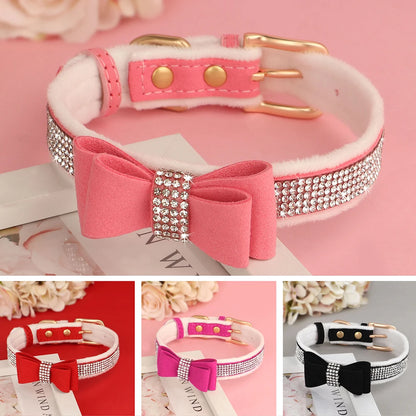 Cute Bowknot Dog Collar Bling Rhinestone Small Dogs Cat Collars Soft Velvet Pet Puppy Necklace Warm Glitter for Dogs Chihuahua
