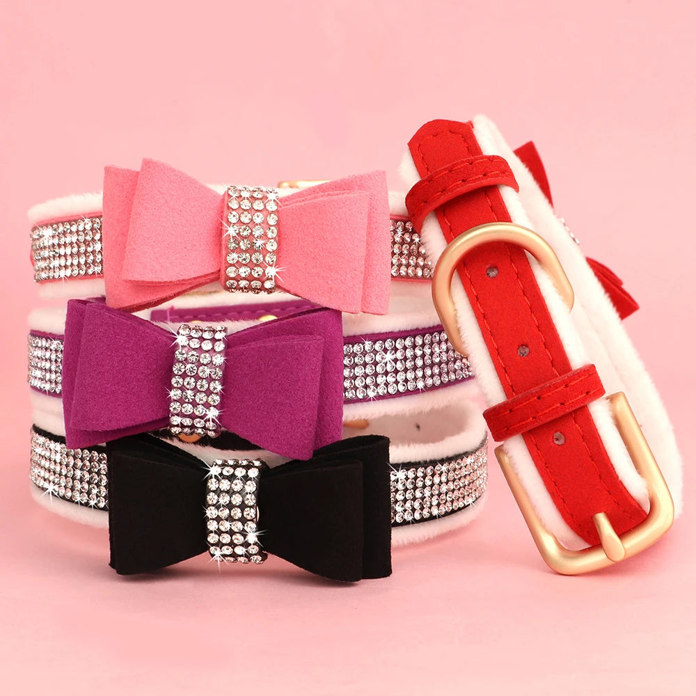 Cute Bowknot Dog Collar Bling Rhinestone Small Dogs Cat Collars Soft Velvet Pet Puppy Necklace Warm Glitter for Dogs Chihuahua