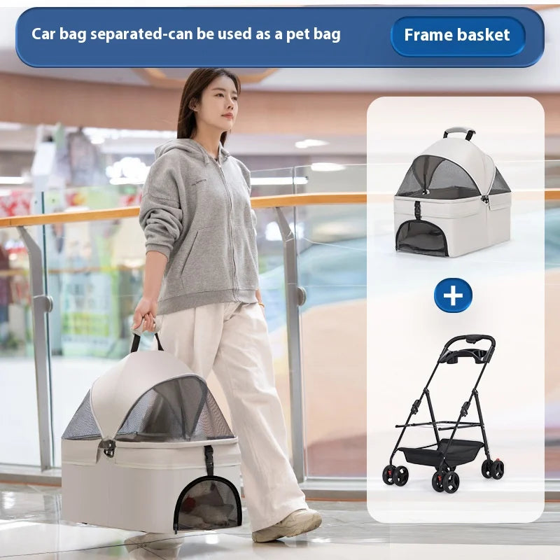 Detachable Pet Stroller Frame Basket with Feeding Tray One Click Fold System Lightweight Portable for Cats Dogs Pet Carrier