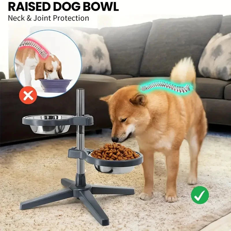 Adjustable Height Raised Pet Feeder with 2 Stainless Steel Bowls Lock System Durable Plastic Stand Suitable for All Sizes of Dog