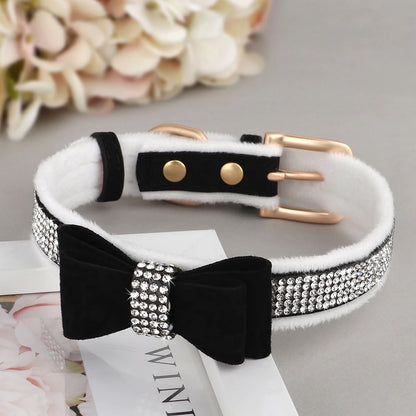 Cute Bowknot Dog Collar Bling Rhinestone Small Dogs Cat Collars Soft Velvet Pet Puppy Necklace Warm Glitter for Dogs Chihuahua