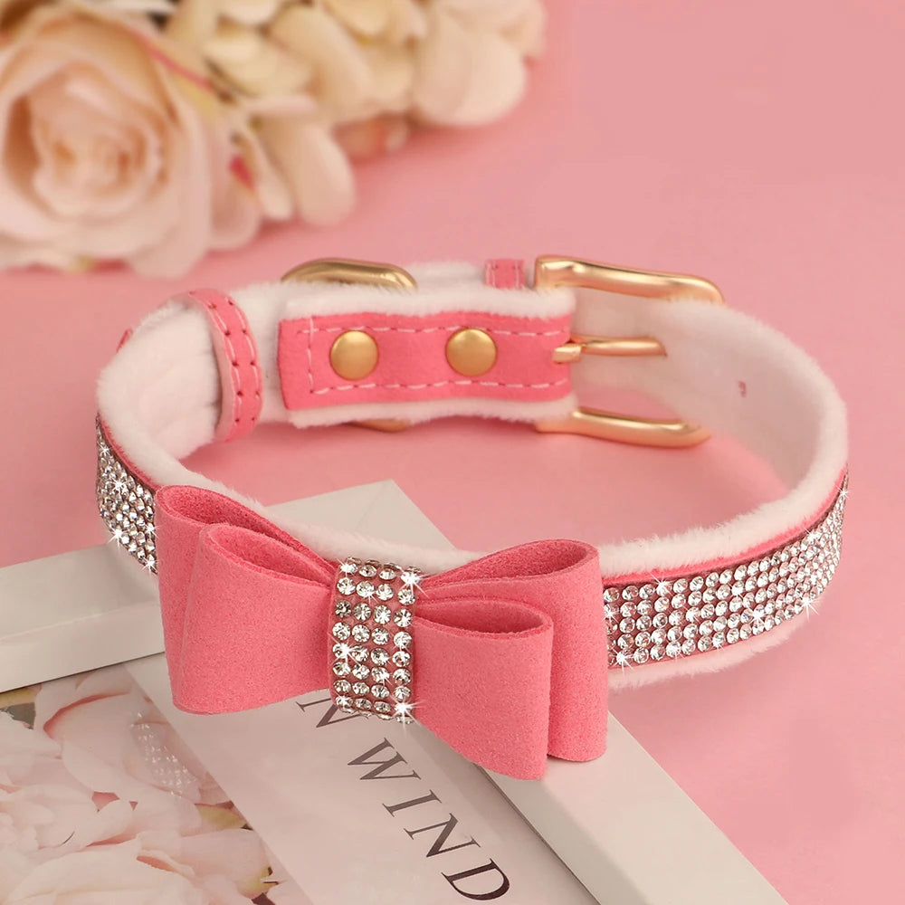 Cute Bowknot Dog Collar Bling Rhinestone Small Dogs Cat Collars Soft Velvet Pet Puppy Necklace Warm Glitter for Dogs Chihuahua