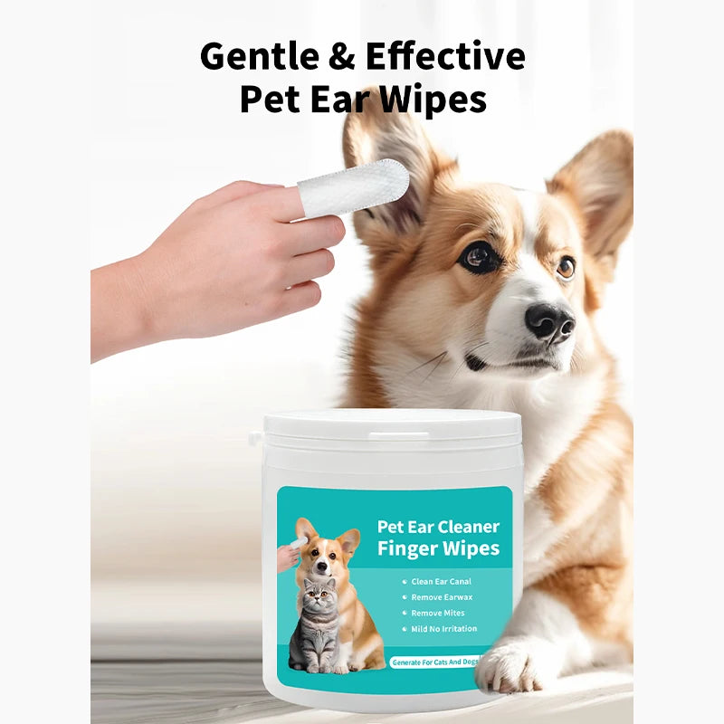 50Pcs Pet Ear Cleaning Finger Wipe,Cat Ear Mite Remover Tissue,Dogs Cleaner Towel,Puppy Ear Wash Pads Healthly Hygiene Products