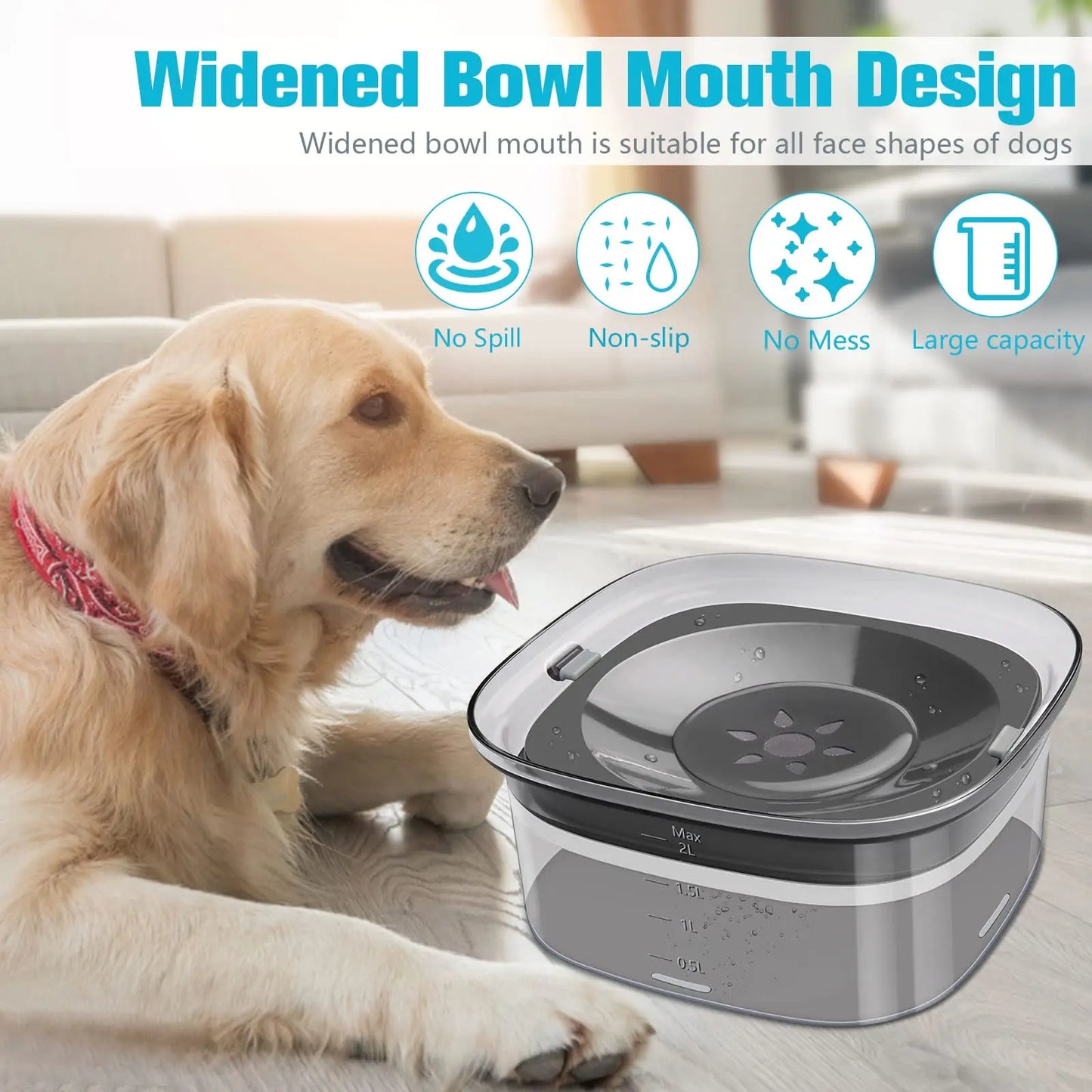 Dog Water Bowl 2L No Spill Dog Bowl Large Capacity Spill Proof Slow Water Feeder No Splash Dog Bowl Pet Water Drinking Bowl