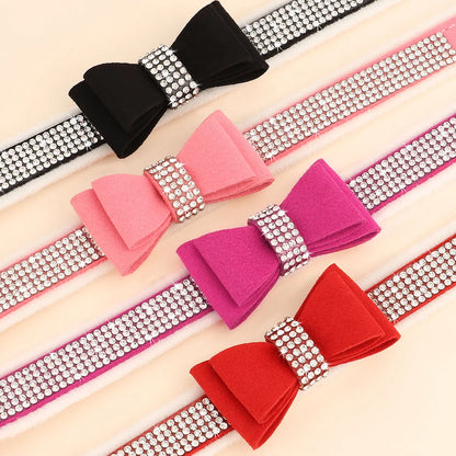Cute Bowknot Dog Collar Bling Rhinestone Small Dogs Cat Collars Soft Velvet Pet Puppy Necklace Warm Glitter for Dogs Chihuahua